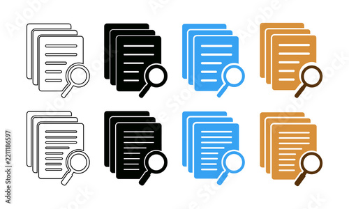 Set of document search icons with magnifying glass and paper files in various styles