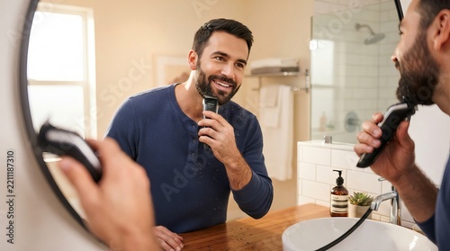 A handsome man with a well-groomed electric trimmer shaves his beard while gazing in the mirror