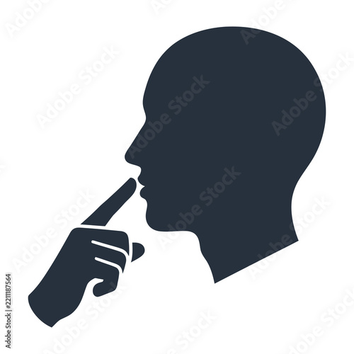 Silhouette of a person with finger on lips in a gesture of silence or secrecy