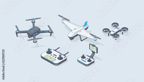 Isometric vector set of commercial and military unmanned aerial vehicles, quadcopters, and remote controllers.