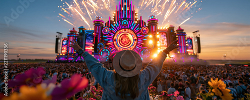 Festival crowd celebrating colorful stage fireworks at sunset with raised arms, flowers, and joyful energy in outdoor event
