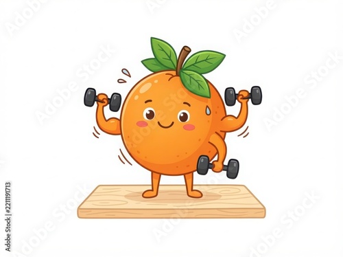 Cartoon orange character lifting dumbbells on a wooden platform