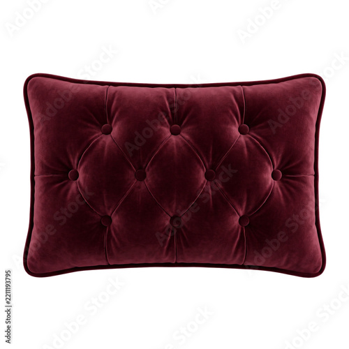 Red velvet tufted decorative pillow isolated on white background