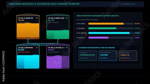 Industrial Tank Farm Inventory Monitoring Dashboard Displaying Real Time Storage Logistics Data