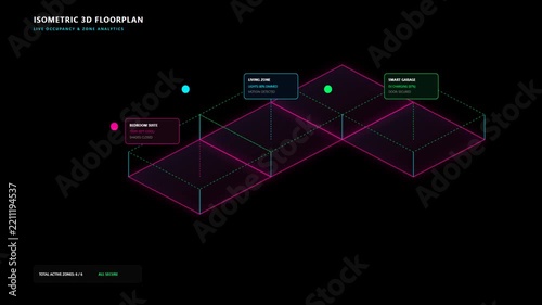 Isometric Smart Home Floor Plan Featuring Live Motion Detection and Zone Occupancy Analytics System