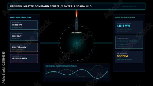 Refinery Master Command Center Dashboard with Real Time Scada Data Monitoring Interface Display