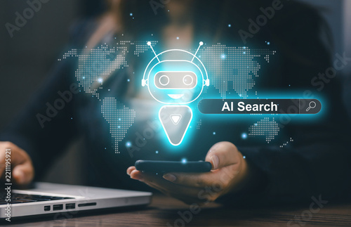 Business professional using smartphone with AI search assistant and global digital map, representing artificial intelligence, smart search, chatbot technology, automation