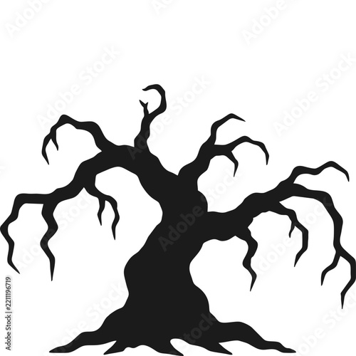 Obraz na plátně Black spooky dead tree silhouette on solid grey background