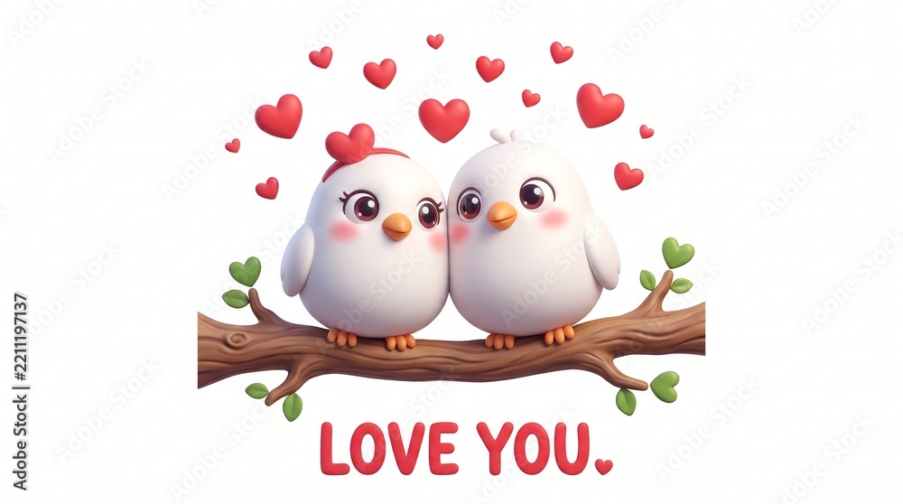 Fototapeta premium Two Birds Perched on a Branch, Displaying Affection with Floating Hearts and the Text 'Love You' Below. Cute Cartoon Illustration.