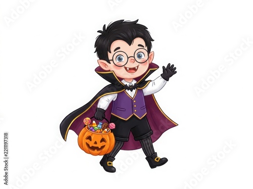 Cartoon boy in vampire costume holding a pumpkin bucket on white background