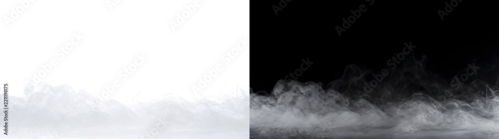 Fototapeta premium Smoke rising in layered grey haze with faint tall tendrils drifting above the ground for atmospheric overlays in PNG, Transparent and Black Background Versions