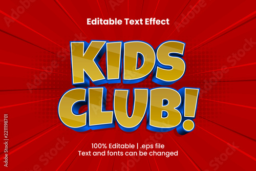 Kids Club Editable Text Effect, 3D Yellow Blue Playful Cartoon Typography on Red Background