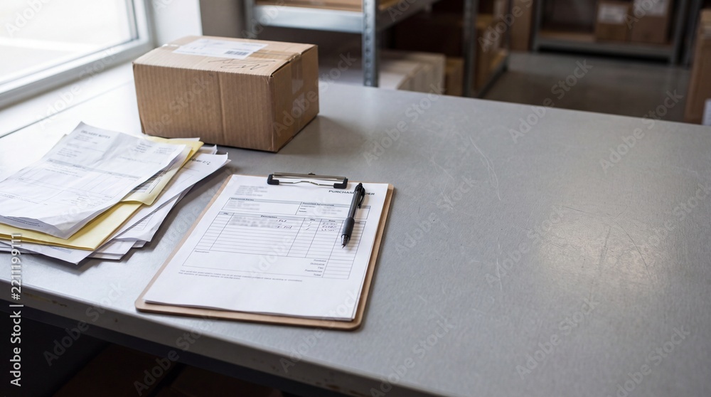 Obraz premium Shipping paperwork on a clipboard at a packing desk