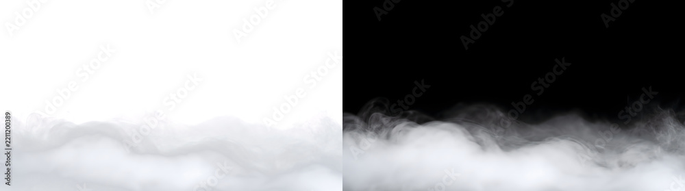 Fototapeta premium Smoke rolling in a thick white cloud bank with soft billowing waves for atmospheric overlays in PNG, Transparent and Black Background Versions