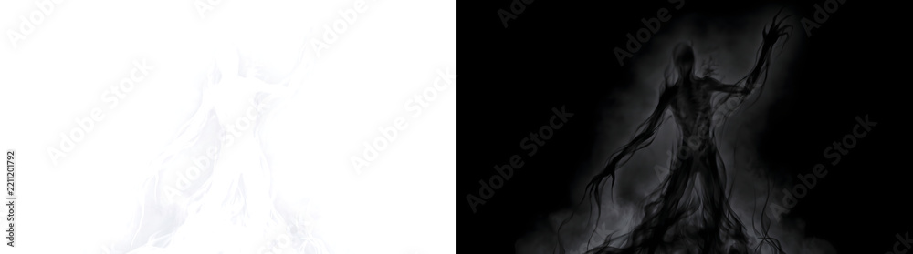 Fototapeta premium Halloween shadow demon with clawed arm and smoke tendrils for horror designs in PNG, Transparent and Black Background Versions