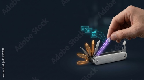 Hand selecting a function of a multifunction pocket tool showcasing business versatility and practical solutions