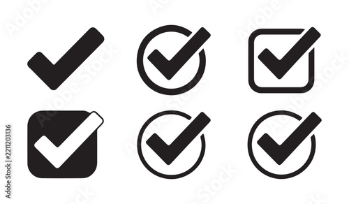 Black checkmark icons vector set isolated on transparent background for approval and verification.