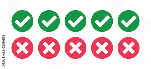 Green checkmark and red cross circle icons vector set isolated on transparent background.