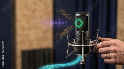 Person adjusting a studio microphone with acoustic isolation mount for professional podcast production