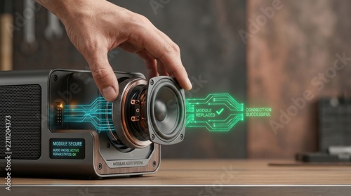 Hand repairing a modular speaker highlighting repairable consumer electronics and sustainable design practices for longevity