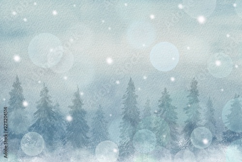 雪降る静寂の針葉樹林と幻想的な光のボケの水彩イラスト。冬の森林の背景素材。
