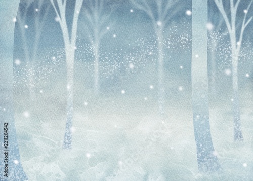 光り輝く雪と静寂の木立の幻想的な水彩テクスチャ背景素材。冬の魔法の美しいイラスト。