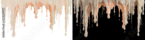Dripping glossy cream liquid with peach tones and long drops for borders in PNG, Transparent and Black Background Versions