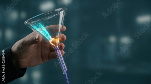 Supply chain bottleneck concept featuring realistic borosilicate glass funnel with narrow outlet for flow control