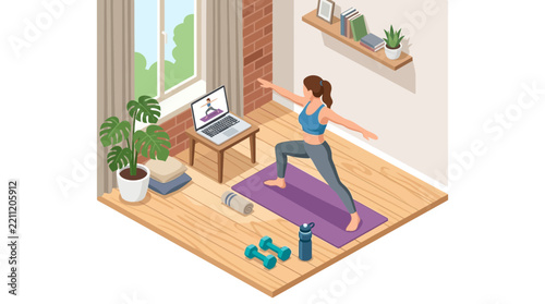 Young woman doing yoga workout at home with laptop guidance vector
