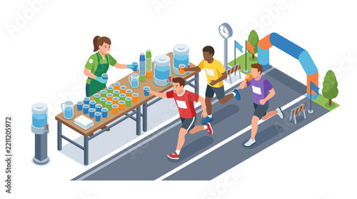 Isometric marathon hydration station with runners taking water cups