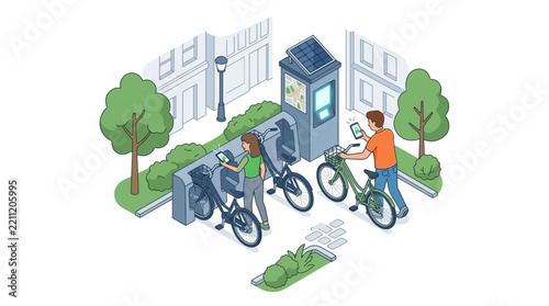 People using mobile apps to unlock bicycles at a smart city station