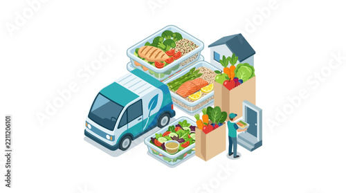 Isometric delivery van delivering fresh healthy meal prep containers