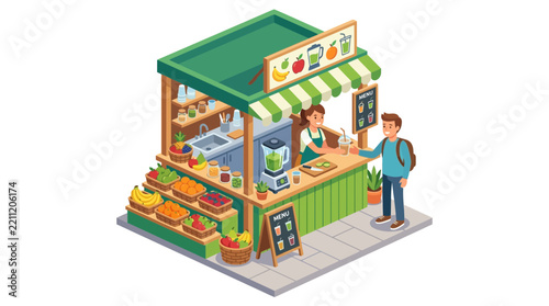 Customer buying fresh fruit juice at an isometric smoothie stall