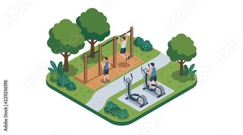 People exercising at an outdoor isometric fitness station in a park