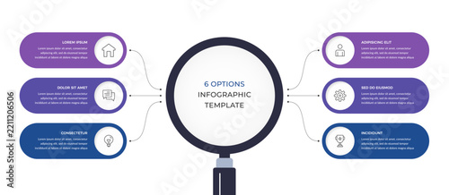 Six options infographic template with a central circle and curved connectors branching to six panels. Branching 6 options diagram or chart. Vector template