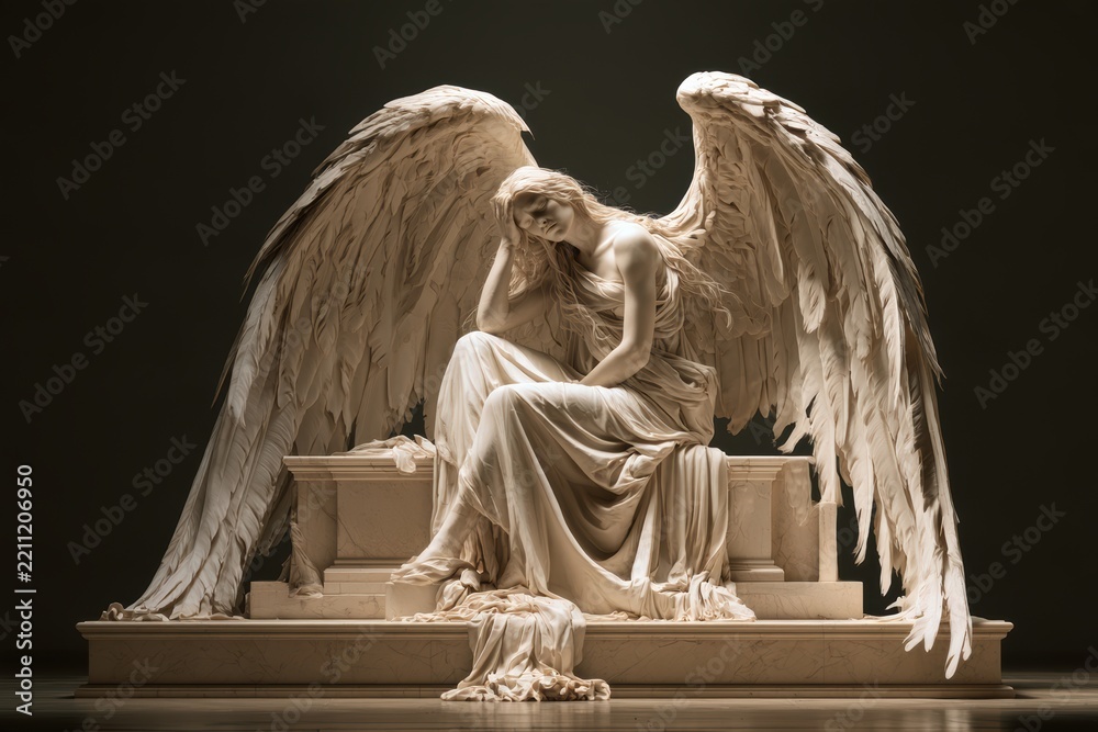 Obraz premium Angel statue sitting, expressing sorrow, grief, and mourning