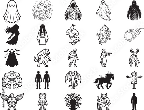 A collection of diverse supernatural creature illustrations, including ghosts, demons, zombies, and mythological figures, presented in a black and white graphic style.