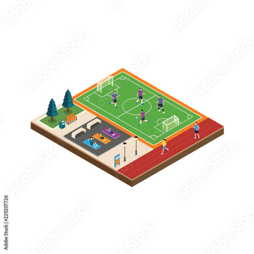 Isometric Outdoor Sports Park with Football Field and Running Track and Workout Space