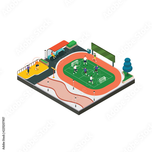 Modern Public Recreation Park with Soccer Field and Running Track Isometric Illustration