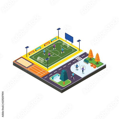 Modern Isometric Sports Park with Football Field, Jogging Track and Family Recreation Area