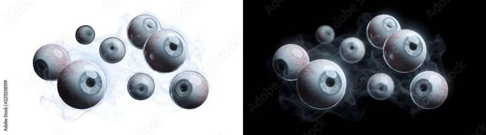 Fototapeta premium Eyeballs floating in eerie smoke for Halloween horror designs, offered as PNG, Transparent and Black Background Versions
