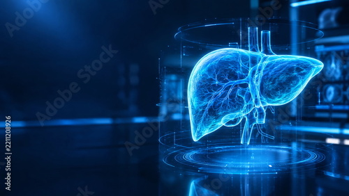 Futuristic Blue Holographic Human Liver, Digital Medical Technology and AI Anatomical Visualization