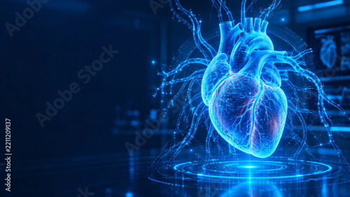 Futuristic Blue Holographic Human Heart, Digital Cardiology Technology and AI Medical Visualization