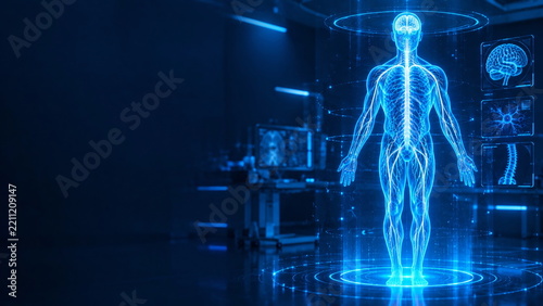 Futuristic Human Body Hologram in Advanced Medical Technology Laboratory