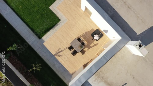 Top view of a modern open terrace with furniture