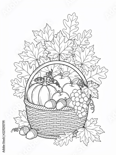 Thanksgiving harvest basket with pumpkin and autumn leaves coloring