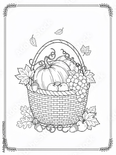 Thanksgiving harvest basket with pumpkins and grapes line art