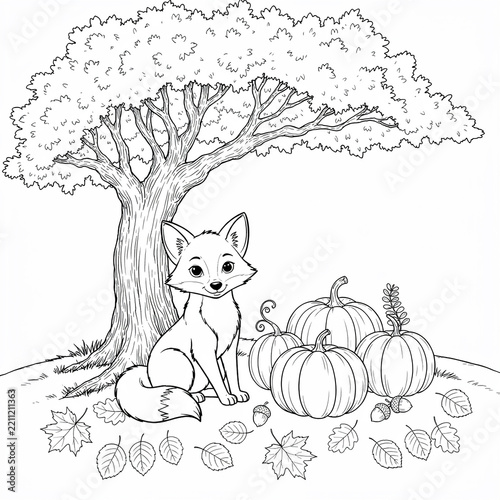 Cute fox sitting under a tree with pumpkins for a fall coloring page