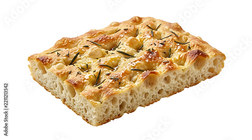 Single Piece of Rustic Golden Italian Rosemary Focaccia Bread Topped with Olive Oil Isolated on White Background