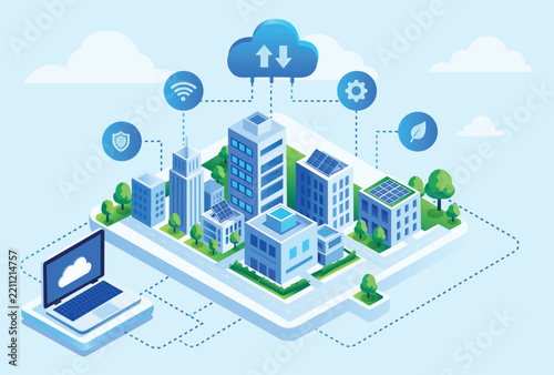 Smart city cloud computing technology isometric showing modern eco buildings connected with laptop wifi cloud transfer shield and eco icons